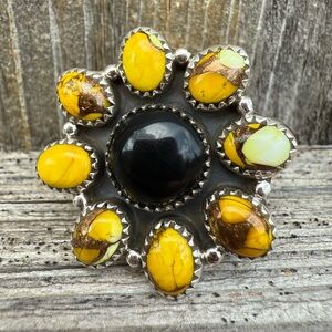 Honey Dahlia & Black Onyx Gemstone Sterling Silver Size 7 Adjustable Ring